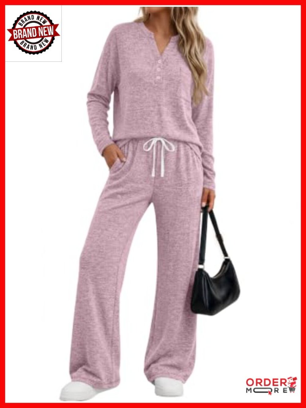 Women's 2 Piece Lounge Set Brushed Fleece Henley Top & Pants Travel Outfit